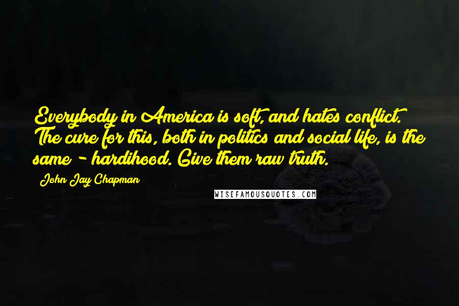 John Jay Chapman Quotes: Everybody in America is soft, and hates conflict. The cure for this, both in politics and social life, is the same - hardihood. Give them raw truth.