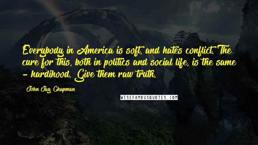 John Jay Chapman Quotes: Everybody in America is soft, and hates conflict. The cure for this, both in politics and social life, is the same - hardihood. Give them raw truth.