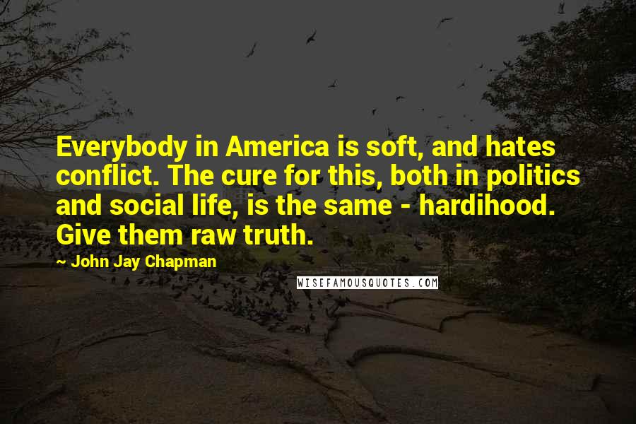 John Jay Chapman Quotes: Everybody in America is soft, and hates conflict. The cure for this, both in politics and social life, is the same - hardihood. Give them raw truth.