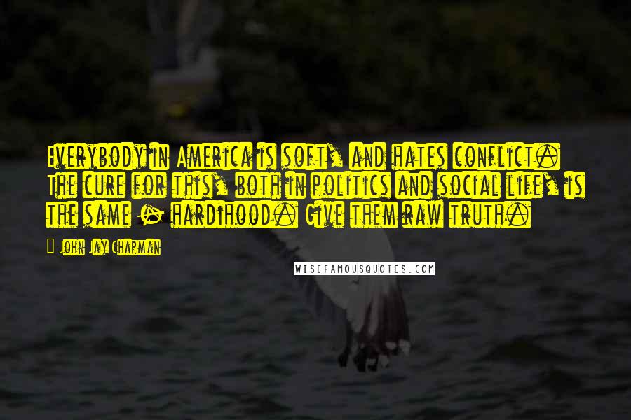 John Jay Chapman Quotes: Everybody in America is soft, and hates conflict. The cure for this, both in politics and social life, is the same - hardihood. Give them raw truth.