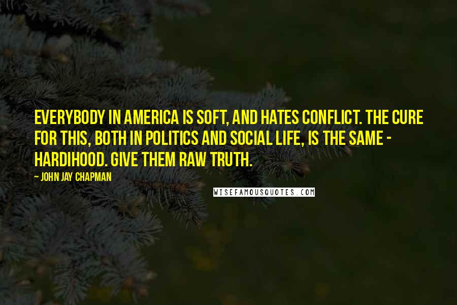John Jay Chapman Quotes: Everybody in America is soft, and hates conflict. The cure for this, both in politics and social life, is the same - hardihood. Give them raw truth.