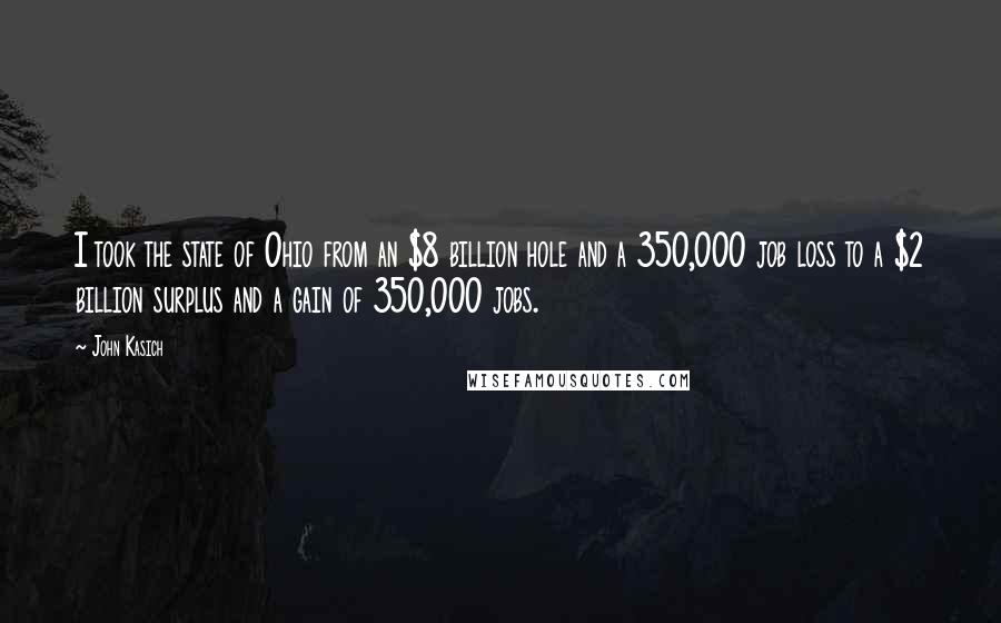 John Kasich Quotes: I took the state of Ohio from an $8 billion hole and a 350,000 job loss to a $2 billion surplus and a gain of 350,000 jobs.