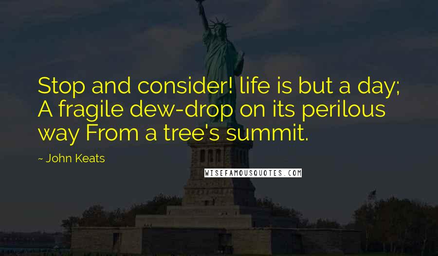 John Keats Quotes: Stop and consider! life is but a day; A fragile dew-drop on its perilous way From a tree's summit.