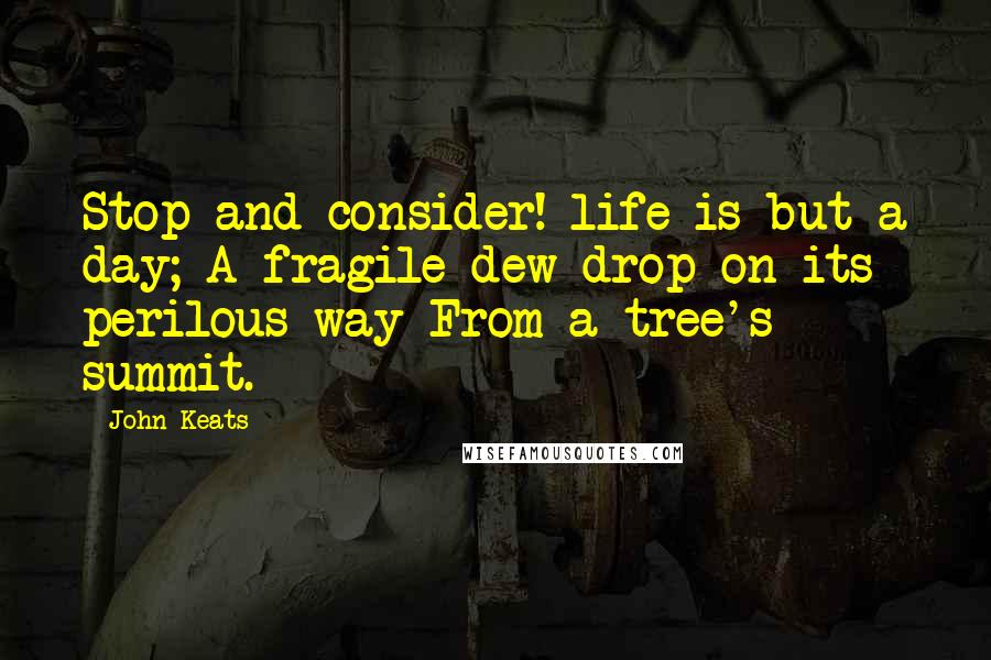 John Keats Quotes: Stop and consider! life is but a day; A fragile dew-drop on its perilous way From a tree's summit.
