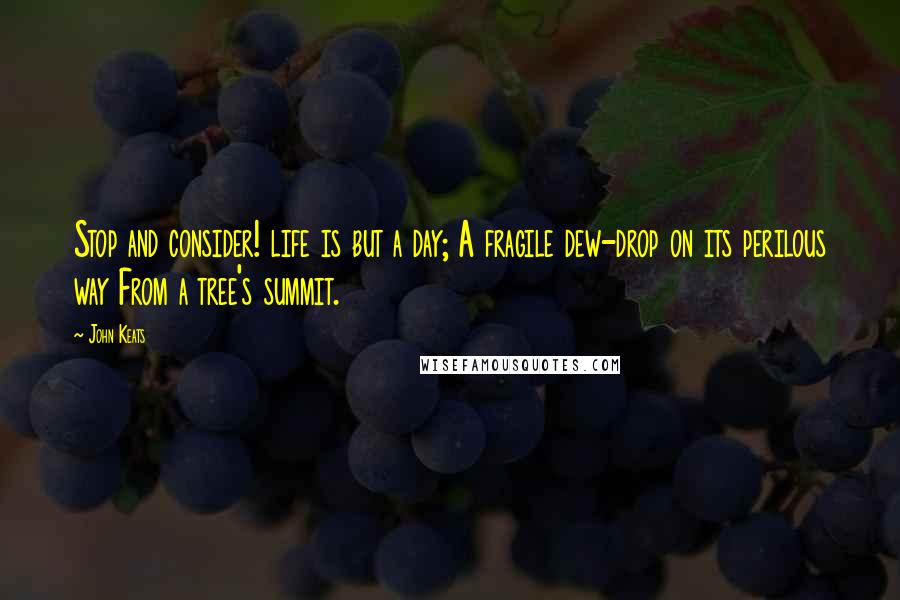 John Keats Quotes: Stop and consider! life is but a day; A fragile dew-drop on its perilous way From a tree's summit.