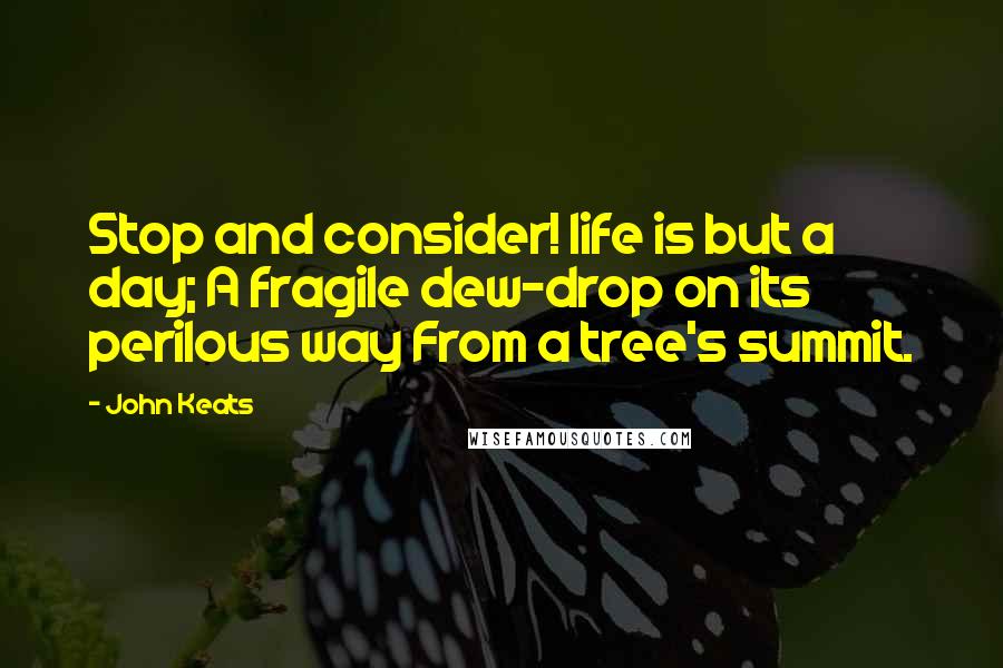 John Keats Quotes: Stop and consider! life is but a day; A fragile dew-drop on its perilous way From a tree's summit.