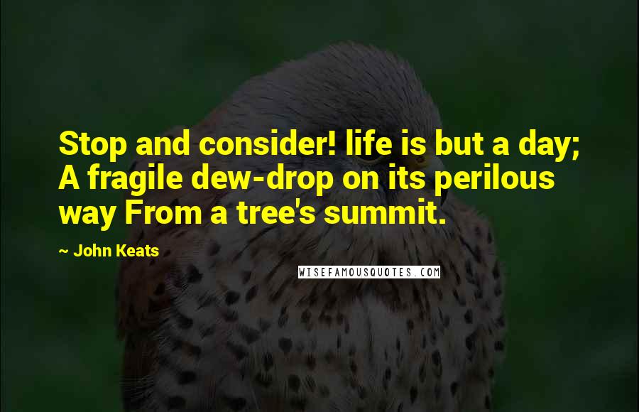 John Keats Quotes: Stop and consider! life is but a day; A fragile dew-drop on its perilous way From a tree's summit.