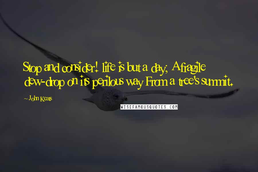 John Keats Quotes: Stop and consider! life is but a day; A fragile dew-drop on its perilous way From a tree's summit.