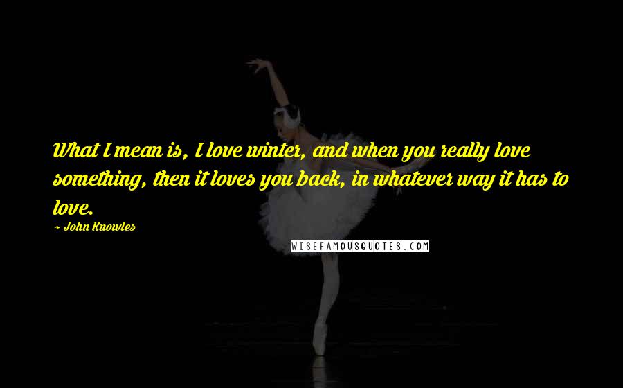 John Knowles Quotes: What I mean is, I love winter, and when you really love something, then it loves you back, in whatever way it has to love.