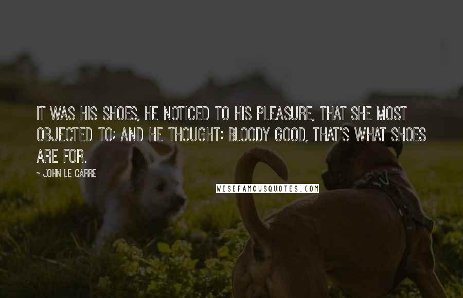 John Le Carre Quotes: It was his shoes, he noticed to his pleasure, that she most objected to; and he thought: bloody good, that's what shoes are for.