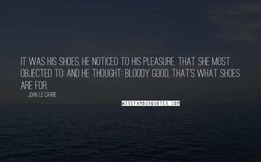 John Le Carre Quotes: It was his shoes, he noticed to his pleasure, that she most objected to; and he thought: bloody good, that's what shoes are for.