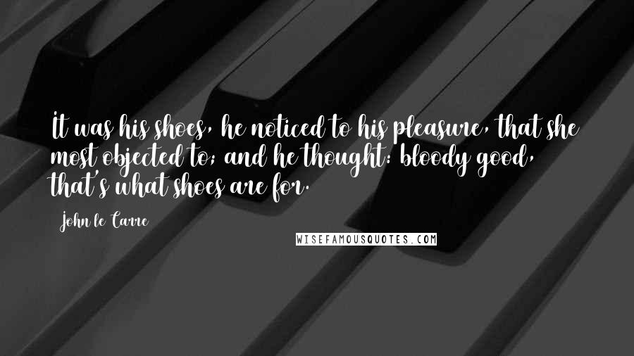 John Le Carre Quotes: It was his shoes, he noticed to his pleasure, that she most objected to; and he thought: bloody good, that's what shoes are for.