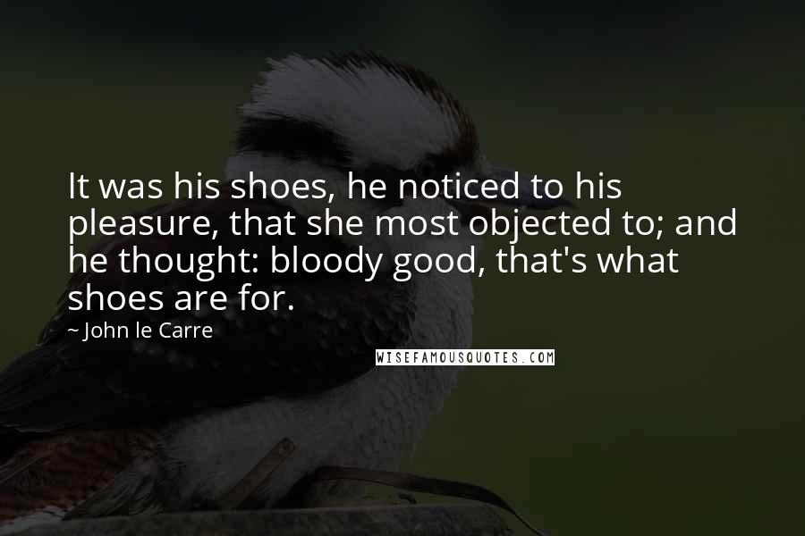 John Le Carre Quotes: It was his shoes, he noticed to his pleasure, that she most objected to; and he thought: bloody good, that's what shoes are for.
