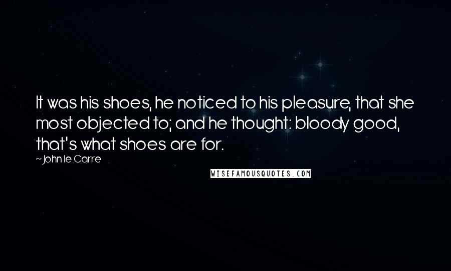 John Le Carre Quotes: It was his shoes, he noticed to his pleasure, that she most objected to; and he thought: bloody good, that's what shoes are for.