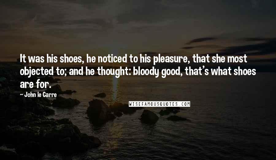 John Le Carre Quotes: It was his shoes, he noticed to his pleasure, that she most objected to; and he thought: bloody good, that's what shoes are for.