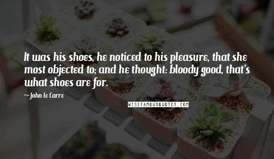 John Le Carre Quotes: It was his shoes, he noticed to his pleasure, that she most objected to; and he thought: bloody good, that's what shoes are for.