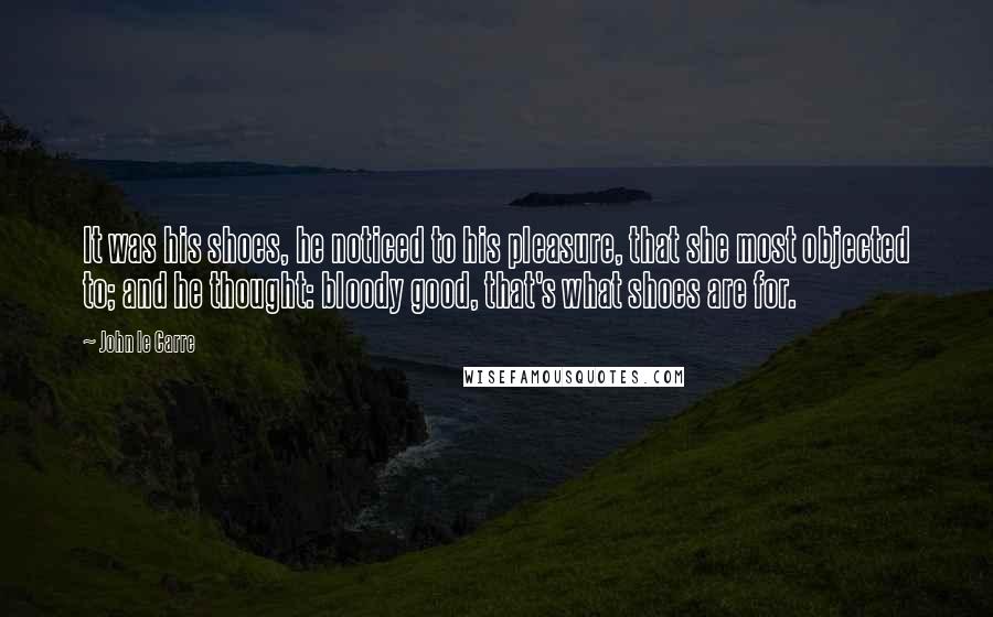 John Le Carre Quotes: It was his shoes, he noticed to his pleasure, that she most objected to; and he thought: bloody good, that's what shoes are for.