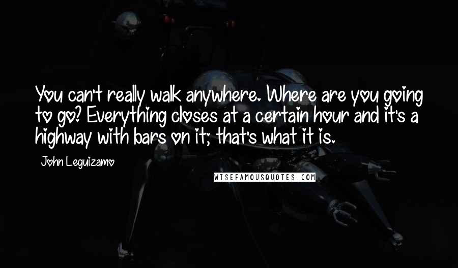 John Leguizamo Quotes: You can't really walk anywhere. Where are you going to go? Everything closes at a certain hour and it's a highway with bars on it; that's what it is.