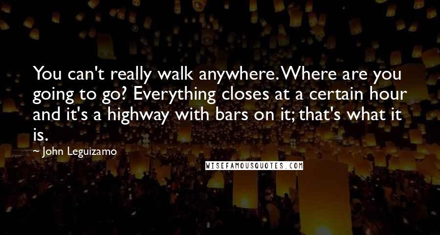 John Leguizamo Quotes: You can't really walk anywhere. Where are you going to go? Everything closes at a certain hour and it's a highway with bars on it; that's what it is.