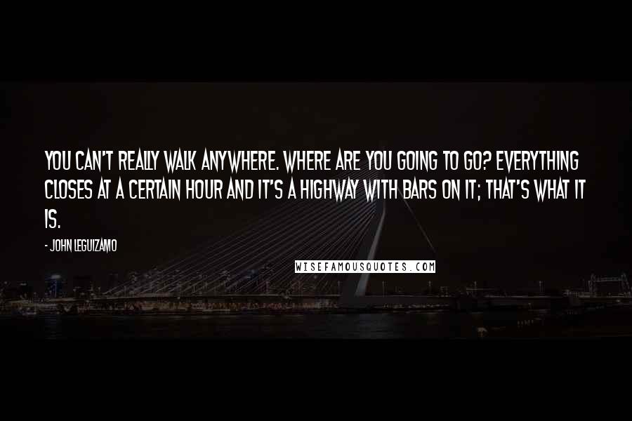 John Leguizamo Quotes: You can't really walk anywhere. Where are you going to go? Everything closes at a certain hour and it's a highway with bars on it; that's what it is.