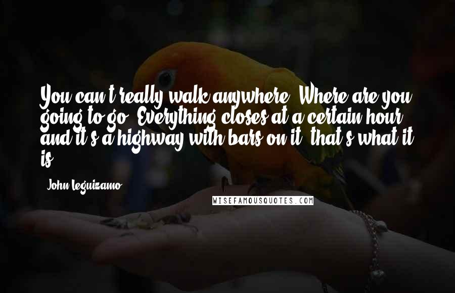 John Leguizamo Quotes: You can't really walk anywhere. Where are you going to go? Everything closes at a certain hour and it's a highway with bars on it; that's what it is.