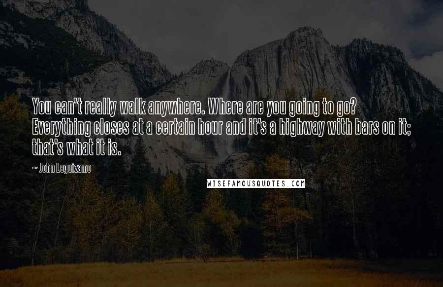 John Leguizamo Quotes: You can't really walk anywhere. Where are you going to go? Everything closes at a certain hour and it's a highway with bars on it; that's what it is.