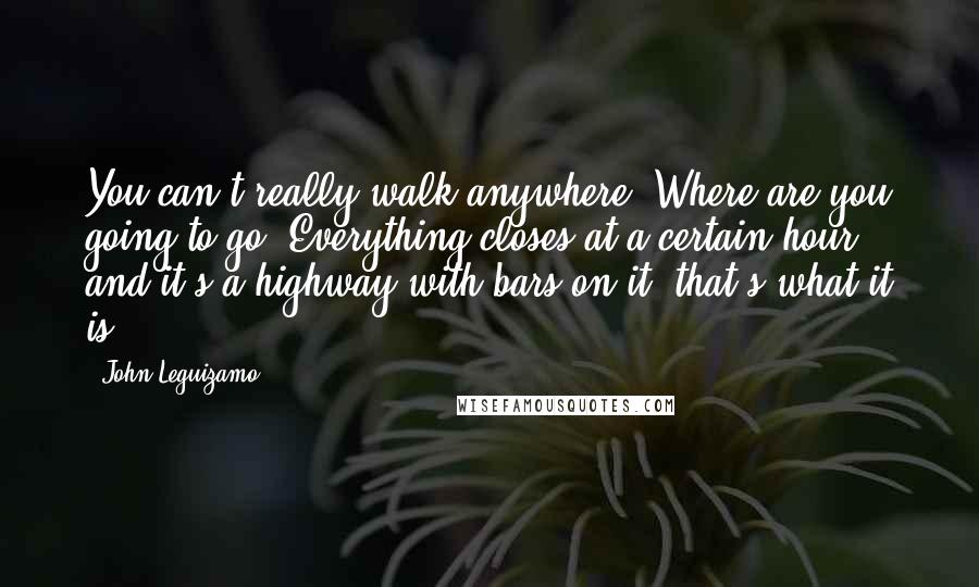 John Leguizamo Quotes: You can't really walk anywhere. Where are you going to go? Everything closes at a certain hour and it's a highway with bars on it; that's what it is.