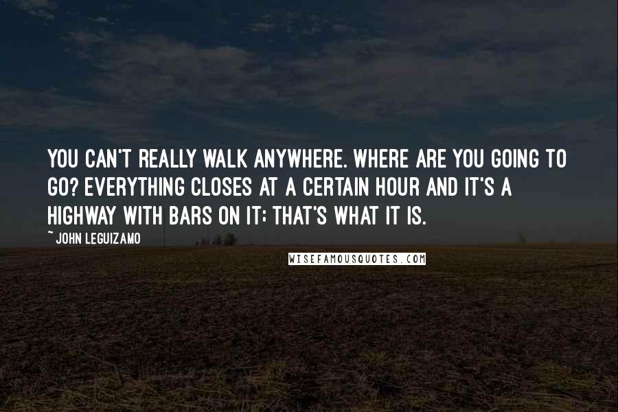 John Leguizamo Quotes: You can't really walk anywhere. Where are you going to go? Everything closes at a certain hour and it's a highway with bars on it; that's what it is.