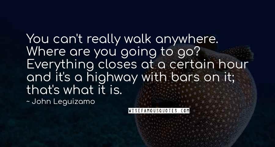 John Leguizamo Quotes: You can't really walk anywhere. Where are you going to go? Everything closes at a certain hour and it's a highway with bars on it; that's what it is.