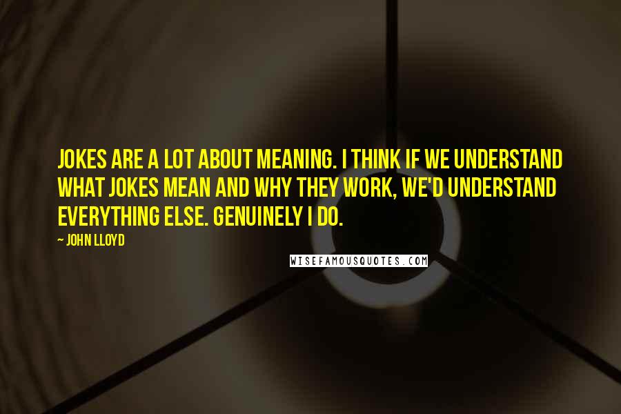 John Lloyd Quotes: Jokes are a lot about meaning. I think if we understand what jokes mean and why they work, we'd understand everything else. Genuinely I do.