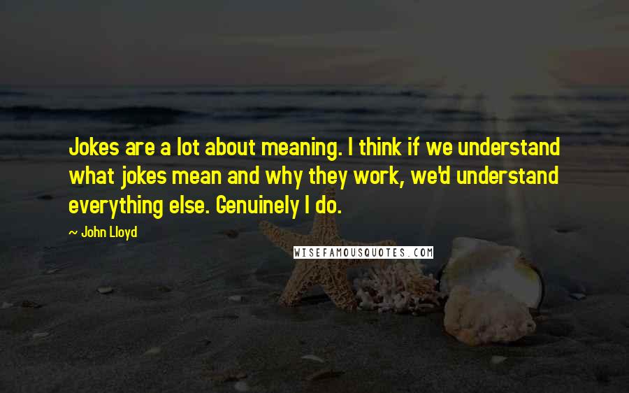 John Lloyd Quotes: Jokes are a lot about meaning. I think if we understand what jokes mean and why they work, we'd understand everything else. Genuinely I do.