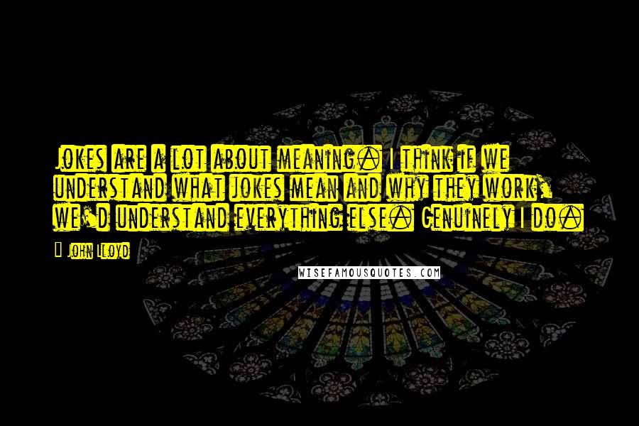 John Lloyd Quotes: Jokes are a lot about meaning. I think if we understand what jokes mean and why they work, we'd understand everything else. Genuinely I do.