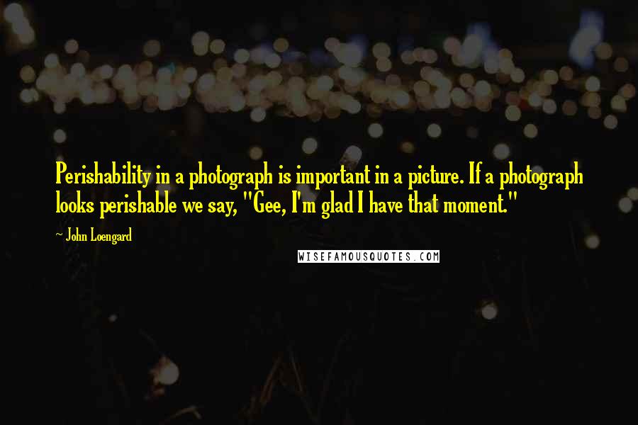 John Loengard Quotes: Perishability in a photograph is important in a picture. If a photograph looks perishable we say, "Gee, I'm glad I have that moment."