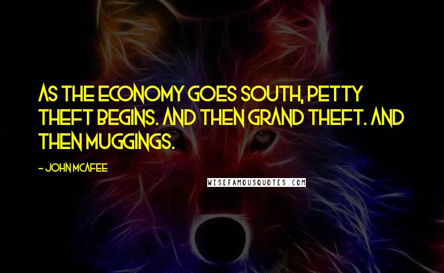 John McAfee Quotes: As the economy goes south, petty theft begins. And then grand theft. And then muggings.