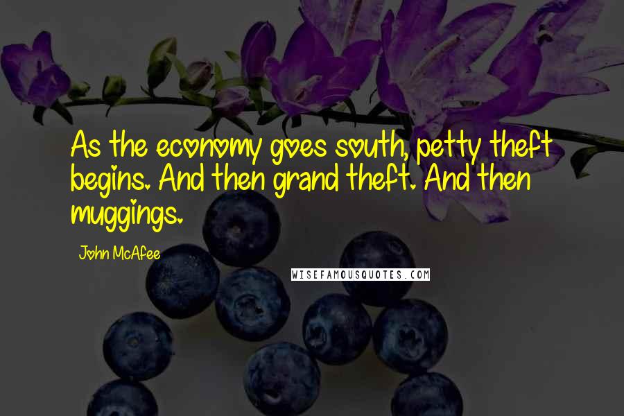 John McAfee Quotes: As the economy goes south, petty theft begins. And then grand theft. And then muggings.