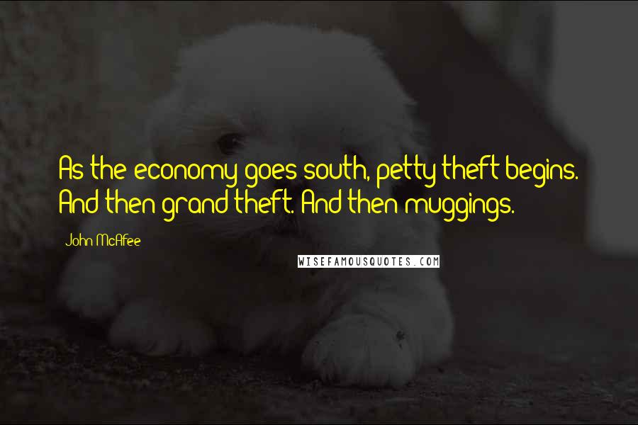 John McAfee Quotes: As the economy goes south, petty theft begins. And then grand theft. And then muggings.