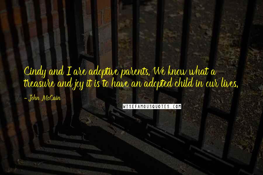 John McCain Quotes: Cindy and I are adoptive parents. We know what a treasure and joy it is to have an adopted child in our lives.