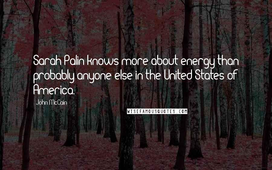 John McCain Quotes: Sarah Palin knows more about energy than probably anyone else in the United States of America.