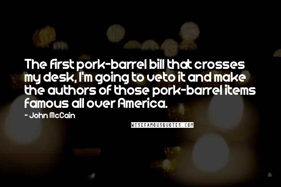 John McCain Quotes: The first pork-barrel bill that crosses my desk, I'm going to veto it and make the authors of those pork-barrel items famous all over America.