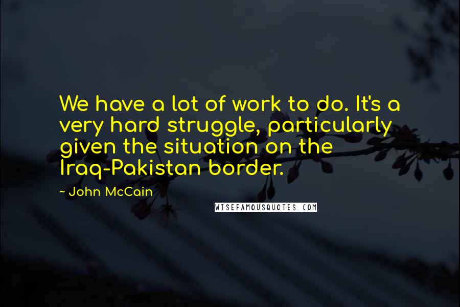 John McCain Quotes: We have a lot of work to do. It's a very hard struggle, particularly given the situation on the Iraq-Pakistan border.