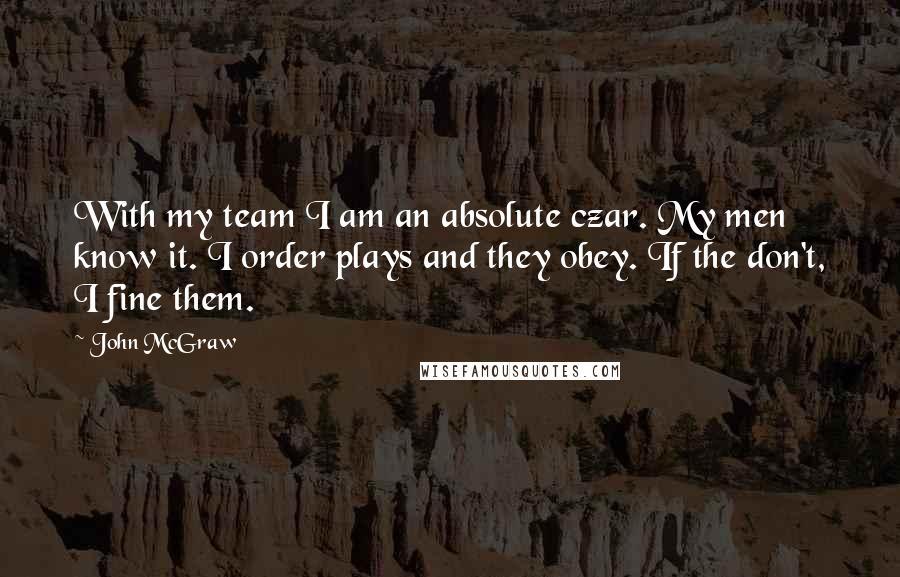 John McGraw Quotes: With my team I am an absolute czar. My men know it. I order plays and they obey. If the don't, I fine them.