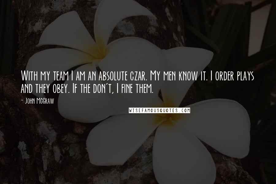 John McGraw Quotes: With my team I am an absolute czar. My men know it. I order plays and they obey. If the don't, I fine them.