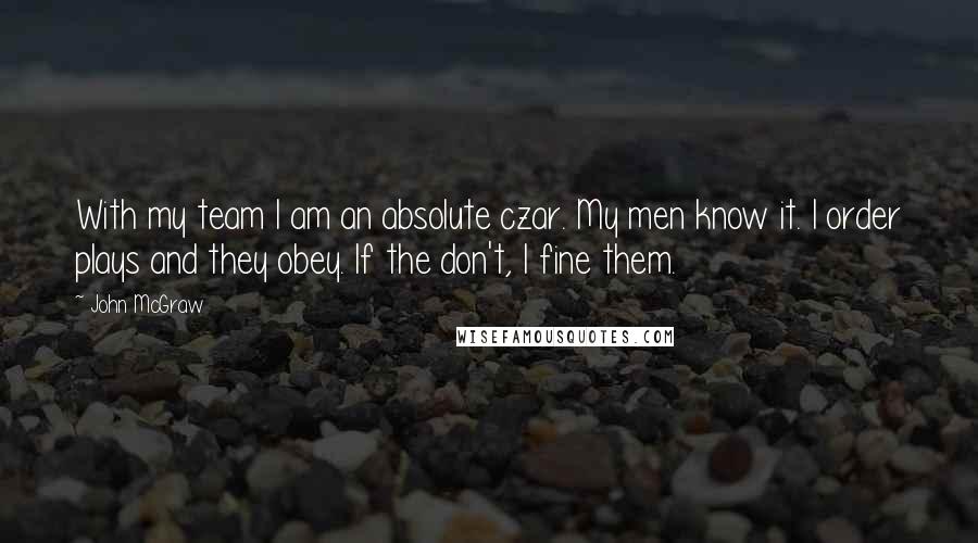 John McGraw Quotes: With my team I am an absolute czar. My men know it. I order plays and they obey. If the don't, I fine them.