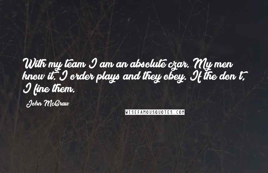 John McGraw Quotes: With my team I am an absolute czar. My men know it. I order plays and they obey. If the don't, I fine them.