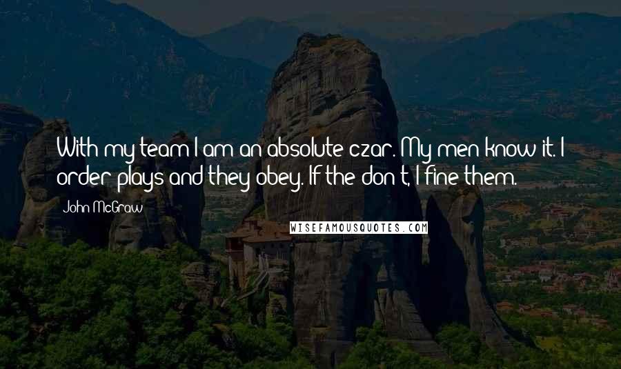 John McGraw Quotes: With my team I am an absolute czar. My men know it. I order plays and they obey. If the don't, I fine them.