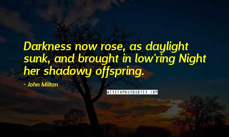 John Milton Quotes: Darkness now rose, as daylight sunk, and brought in low'ring Night her shadowy offspring.