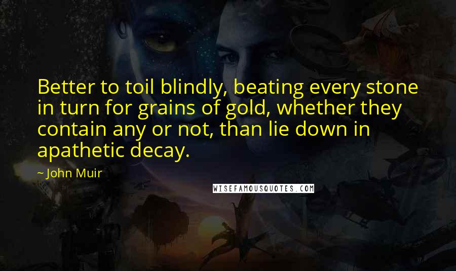 John Muir Quotes: Better to toil blindly, beating every stone in turn for grains of gold, whether they contain any or not, than lie down in apathetic decay.