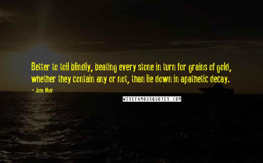 John Muir Quotes: Better to toil blindly, beating every stone in turn for grains of gold, whether they contain any or not, than lie down in apathetic decay.