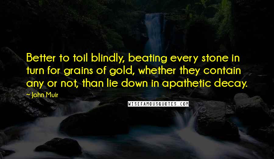 John Muir Quotes: Better to toil blindly, beating every stone in turn for grains of gold, whether they contain any or not, than lie down in apathetic decay.