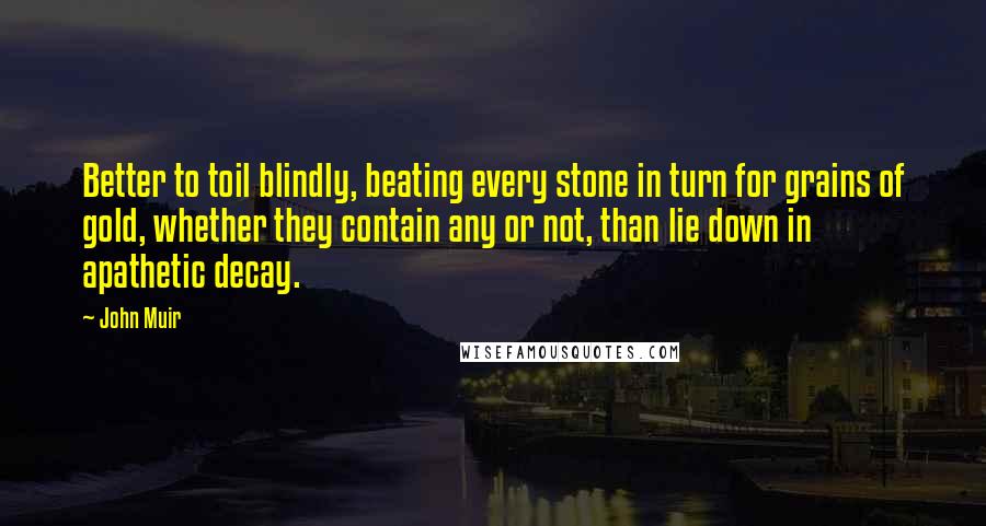 John Muir Quotes: Better to toil blindly, beating every stone in turn for grains of gold, whether they contain any or not, than lie down in apathetic decay.